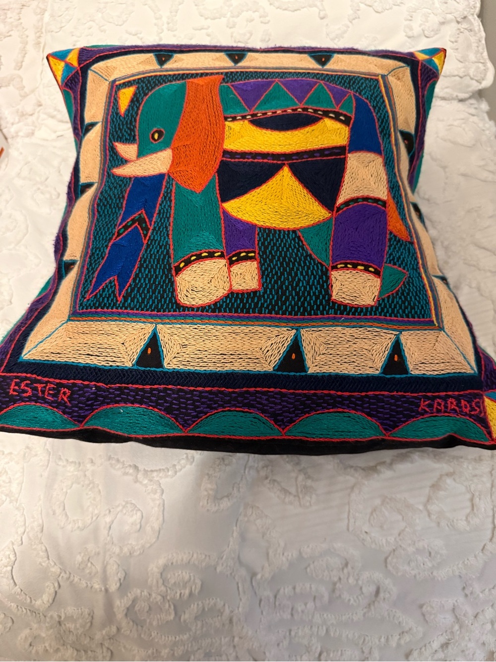 Kaross Embroidered Multicolor Elephant Pillow Cover by Ester from South Africa